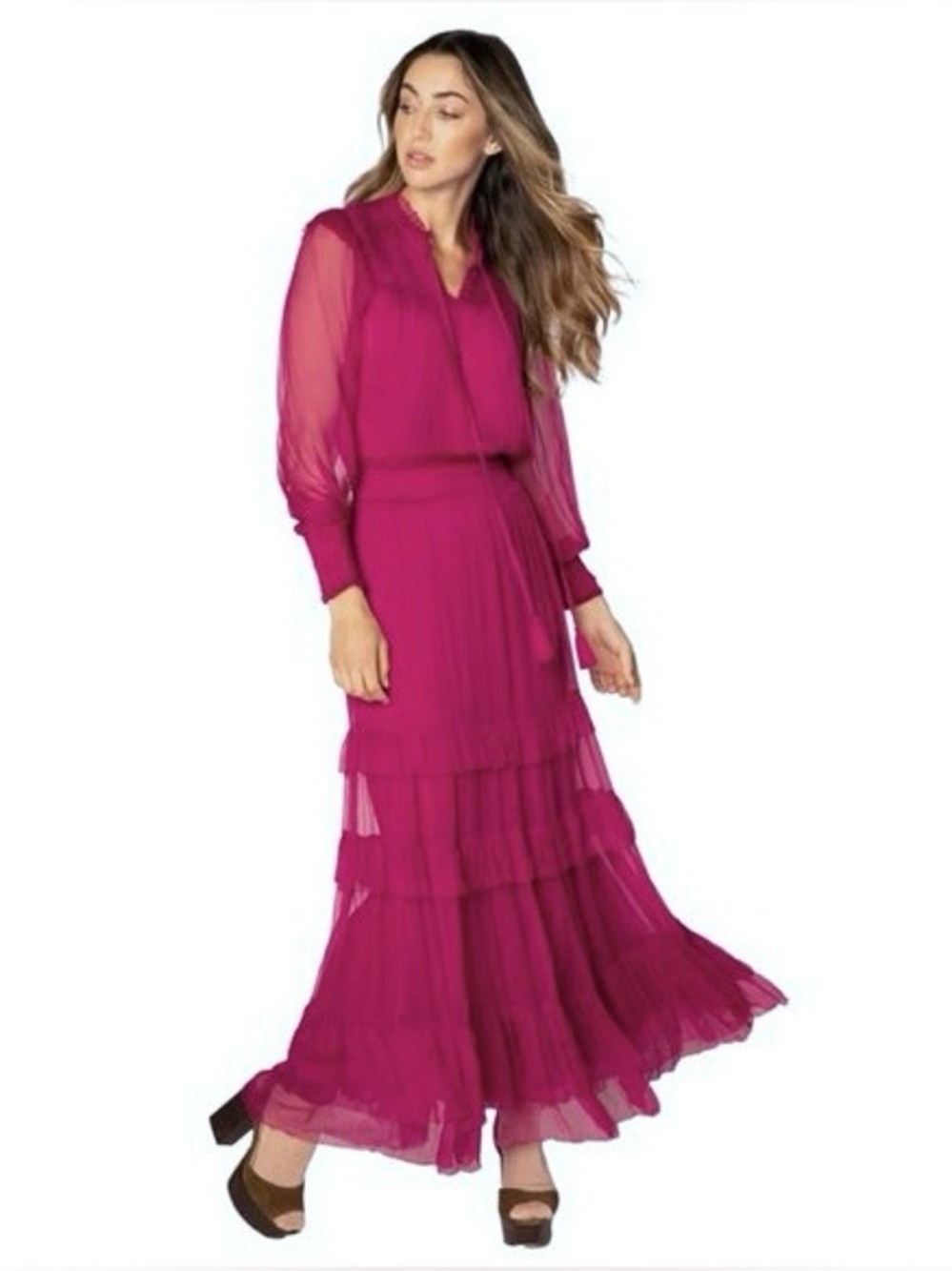 Allison New York. Long Sleeved Tiered Smocked Dress. Magenta. Size M.
